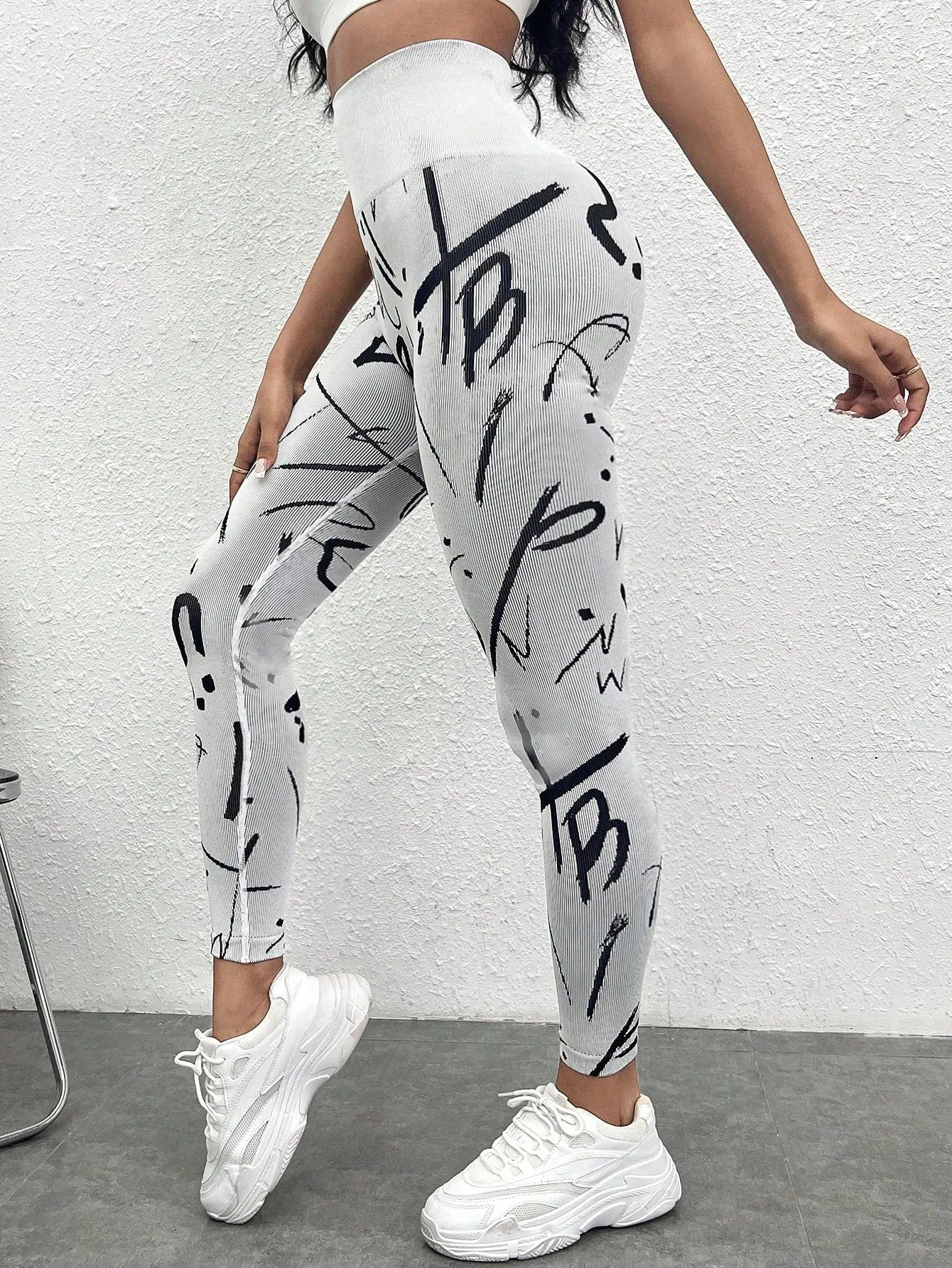 White Graphic Print Wide Band High Waist Sports Leggings