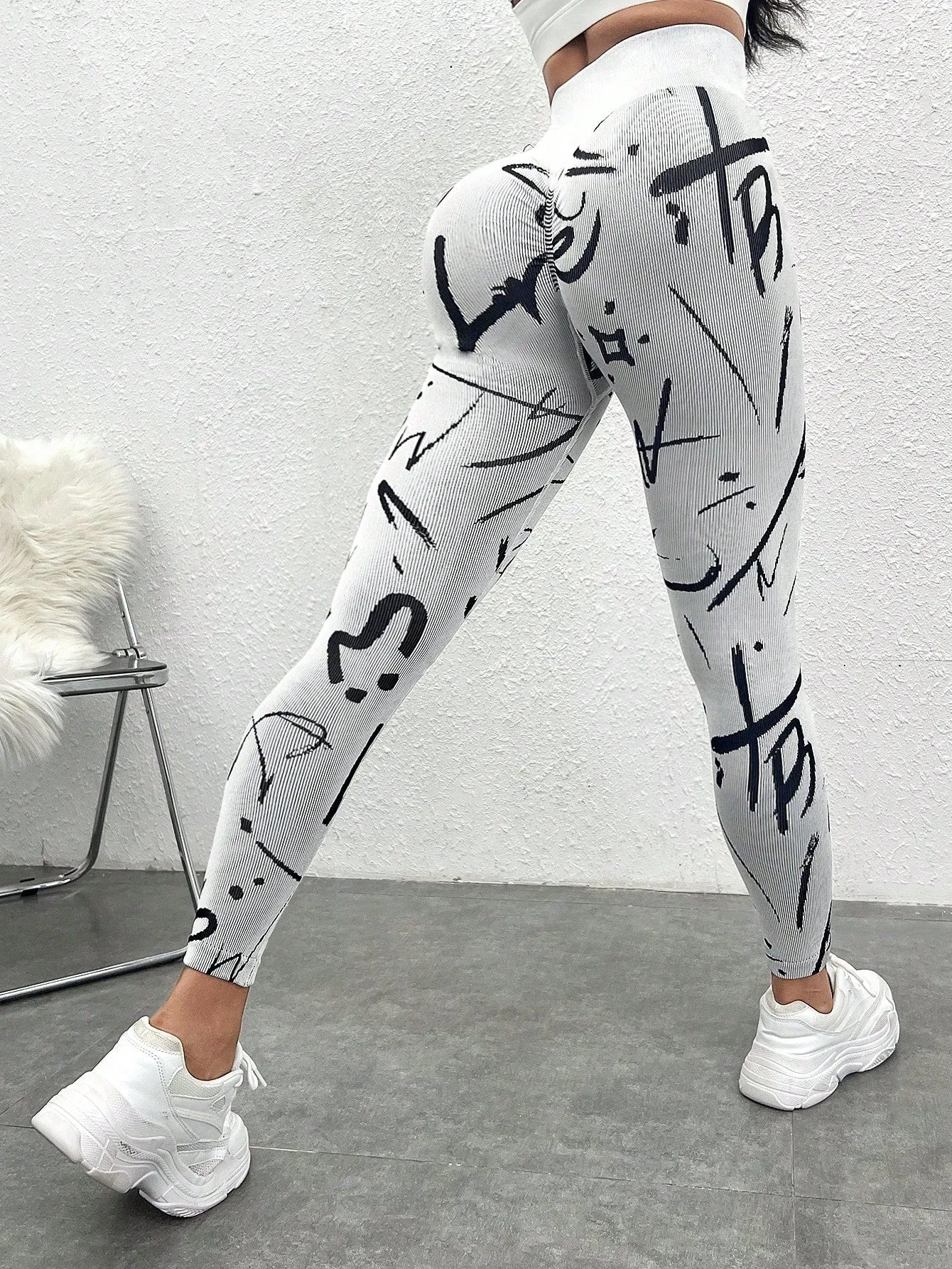 White Graphic Print Wide Band High Waist Sports Leggings