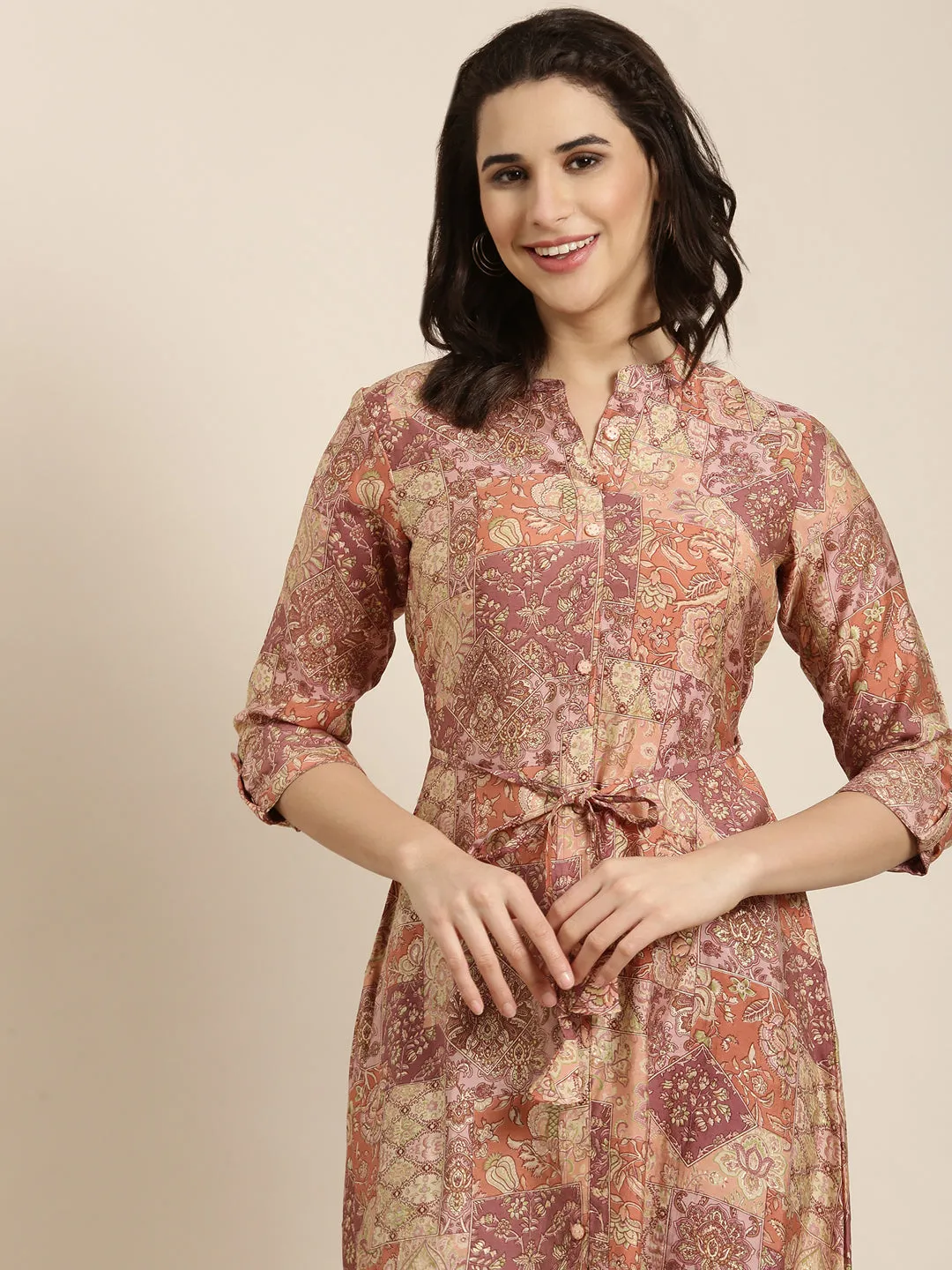 Women A-Line Peach Floral Kurta