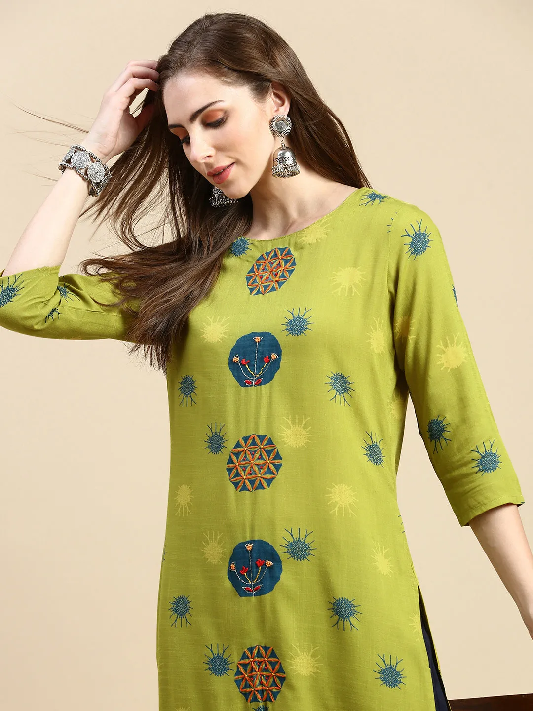 Women Abstract Green Straight Kurta