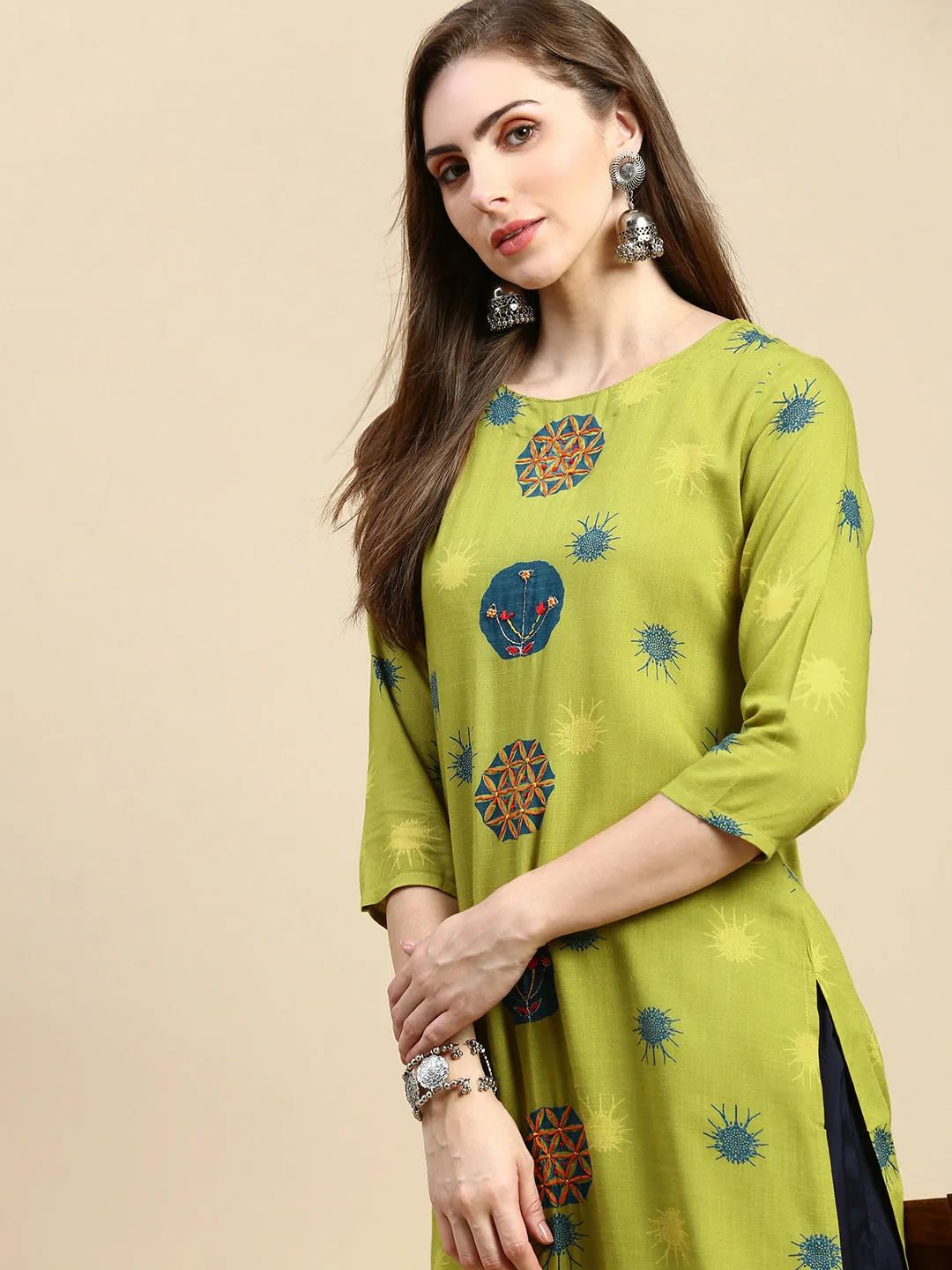 Women Abstract Green Straight Kurta