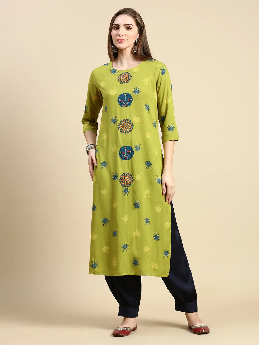 Women Abstract Green Straight Kurta