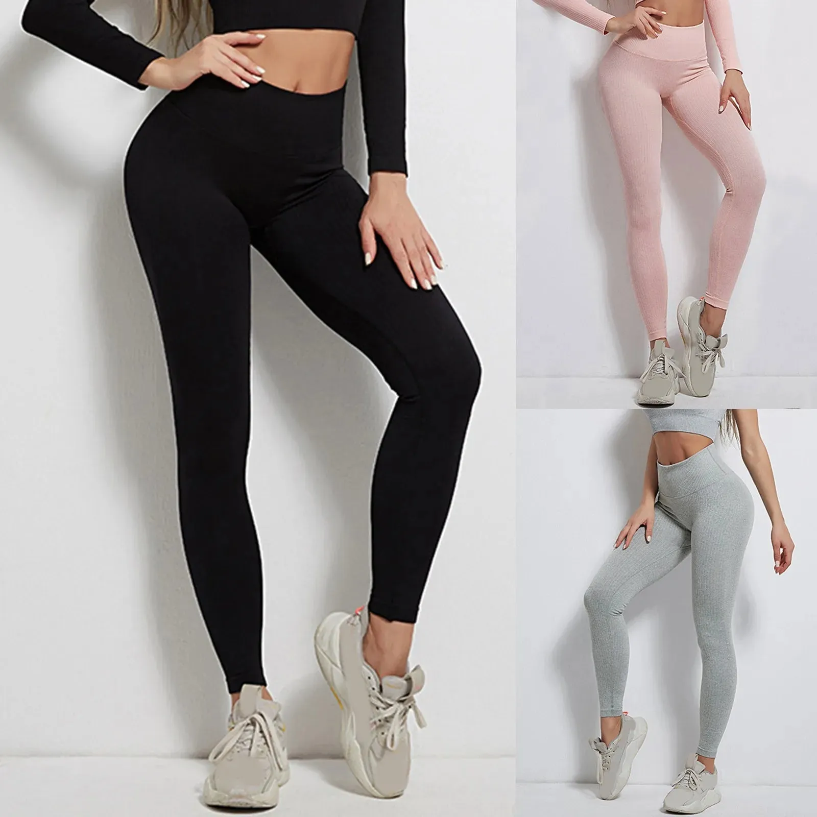 Women Seamless Striped High Waist Scrunch Yoga Workout Fitness Ribbed Elastic Sportwear Leggings