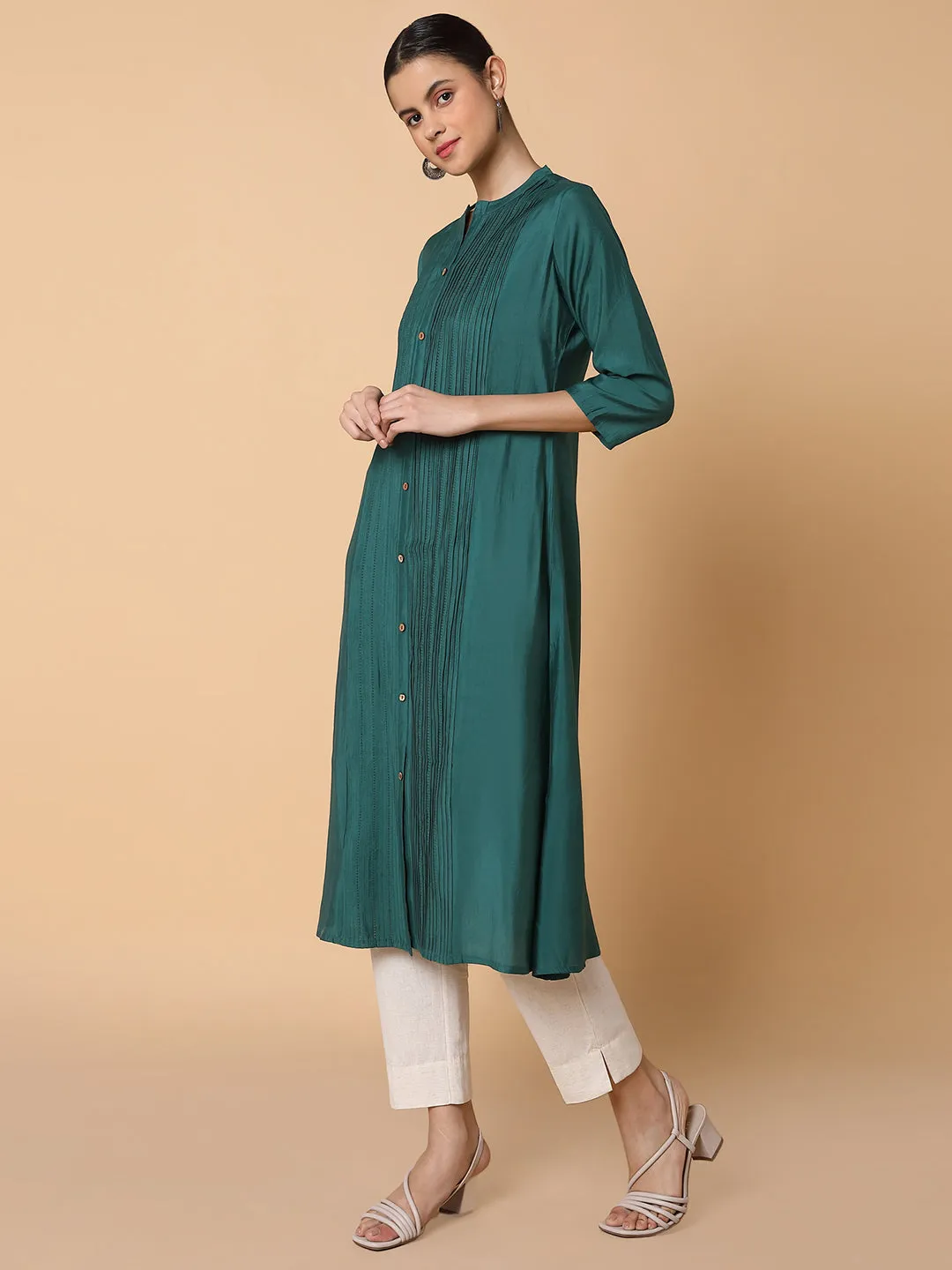 Women Solid Green A Line Kurta