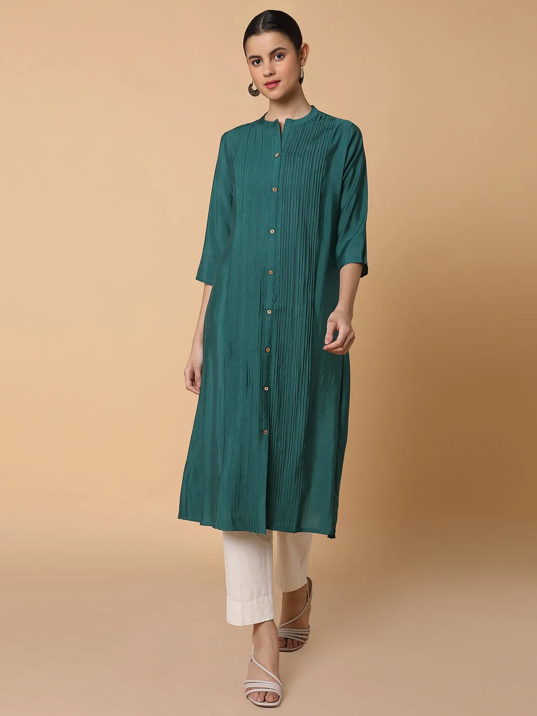 Women Solid Green A Line Kurta