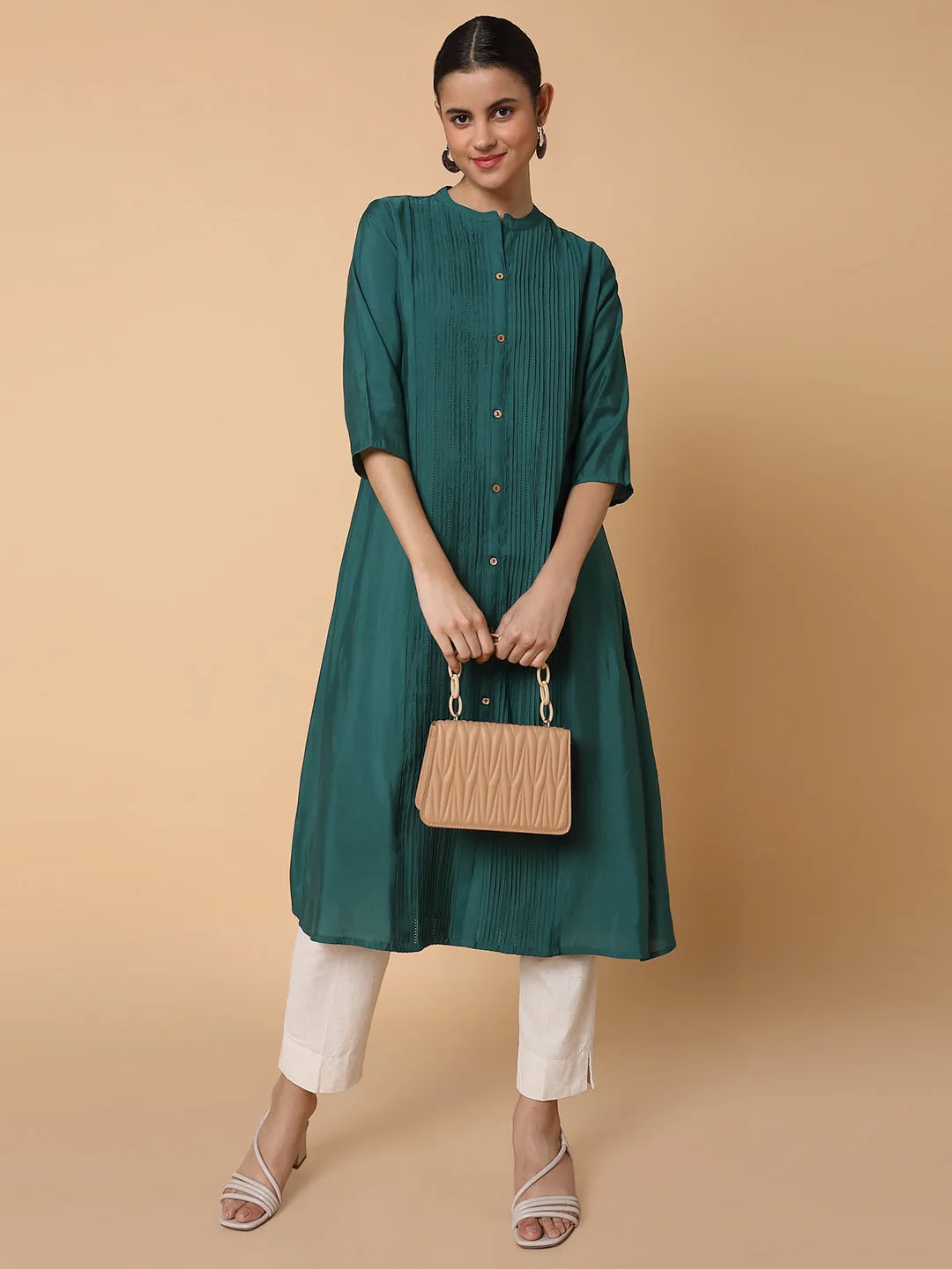 Women Solid Green A Line Kurta