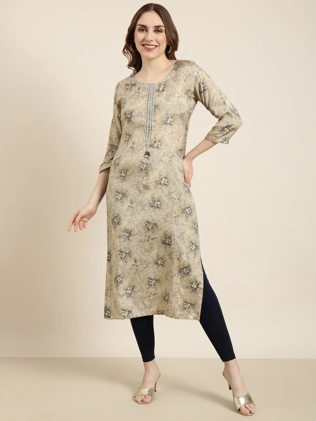 Women Straight Beige Floral Kurta