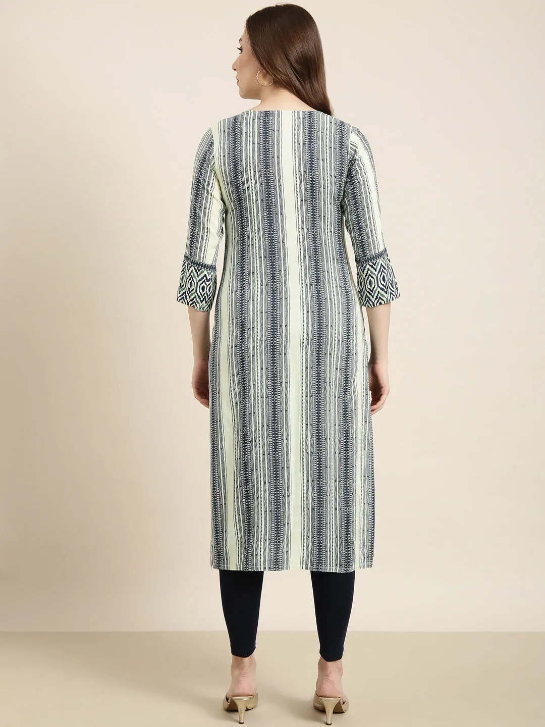 Women Straight Sea Green Striped Kurta