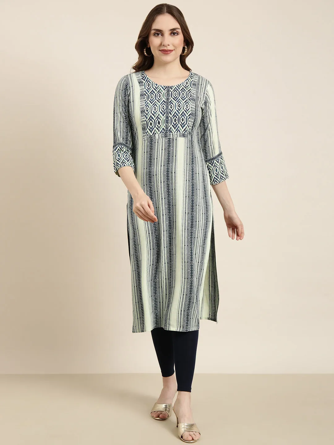 Women Straight Sea Green Striped Kurta