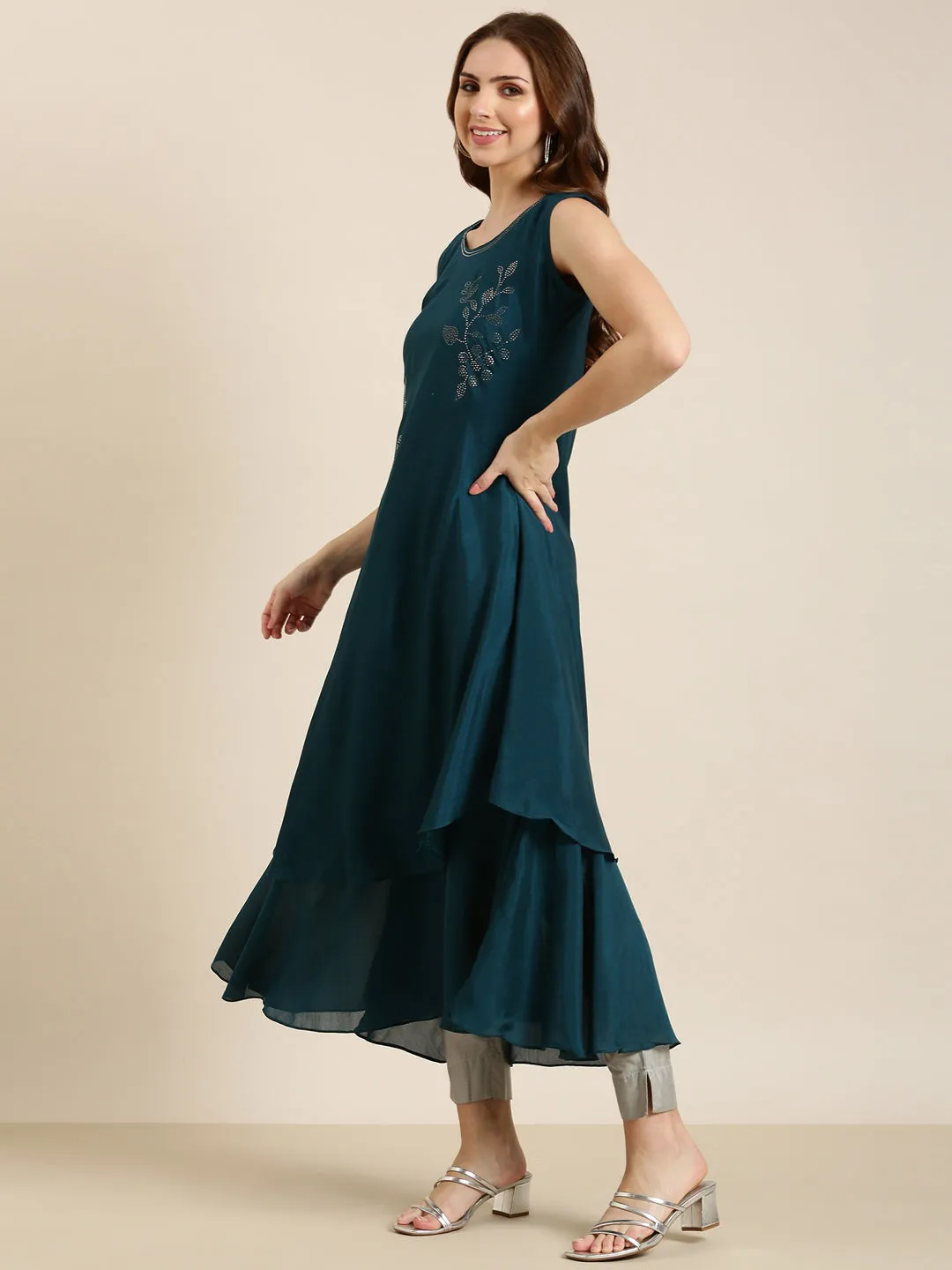 Women Teal Solid A-Line Kurta