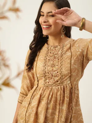 Women's Beige Printed A-Line Kurtas