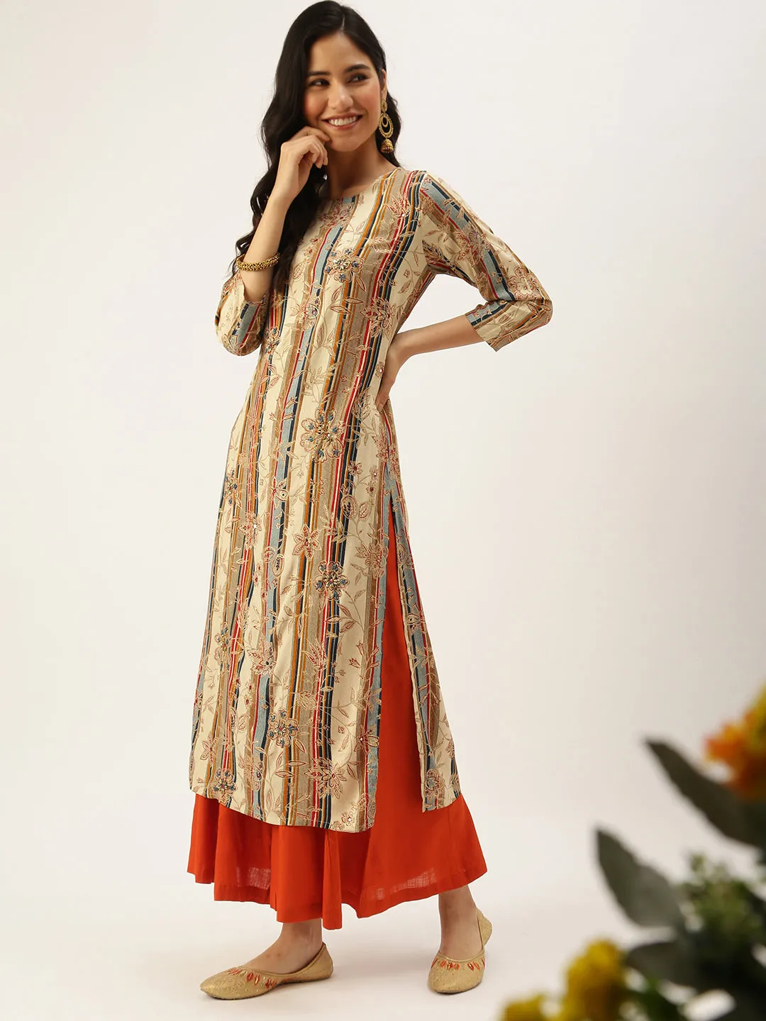 Women's Beige Printed Straight Kurtas