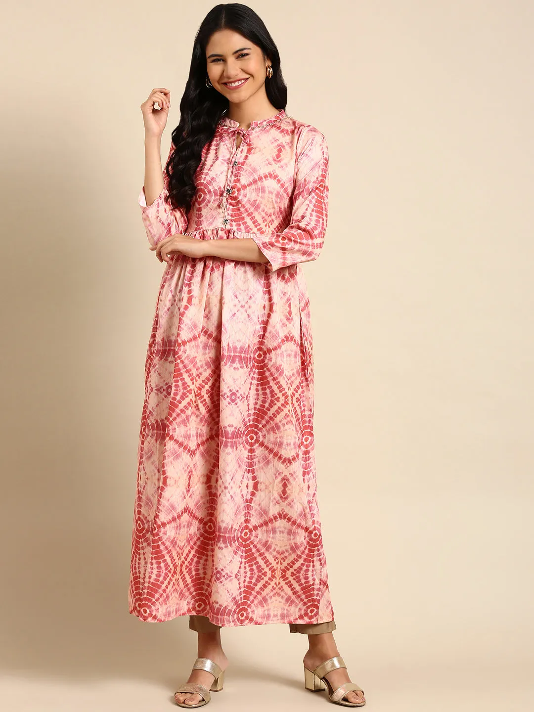 Women's Beige Tie Dye Anarkali Kurta