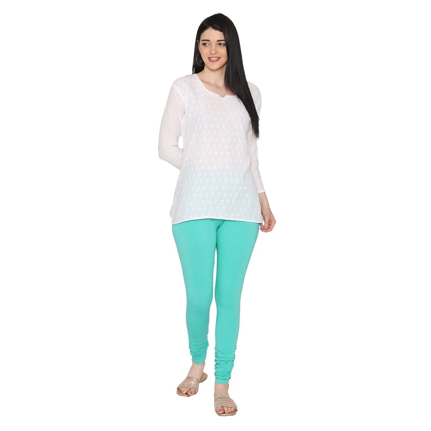 Women's Cotton Churidar Leggings (Free Size) - Aqua Sea