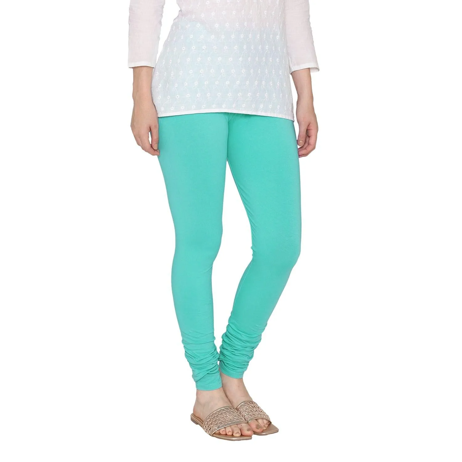 Women's Cotton Churidar Leggings (Free Size) - Aqua Sea