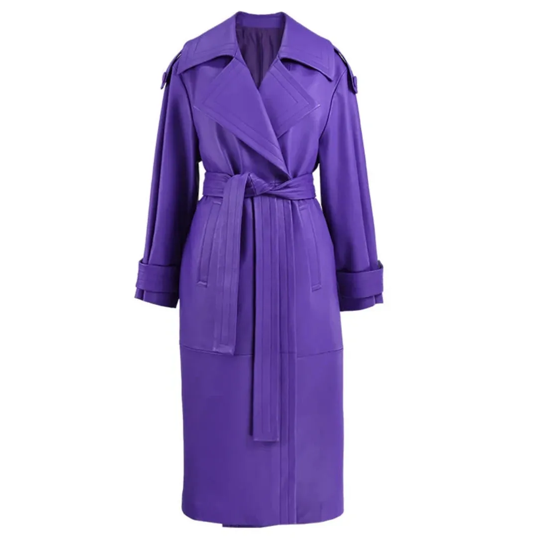 Women's Elegant Midi Faux Leather Trench Coat