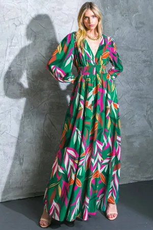 Women's Flying Tomato Leaf Print Woven Green Maxi Dress