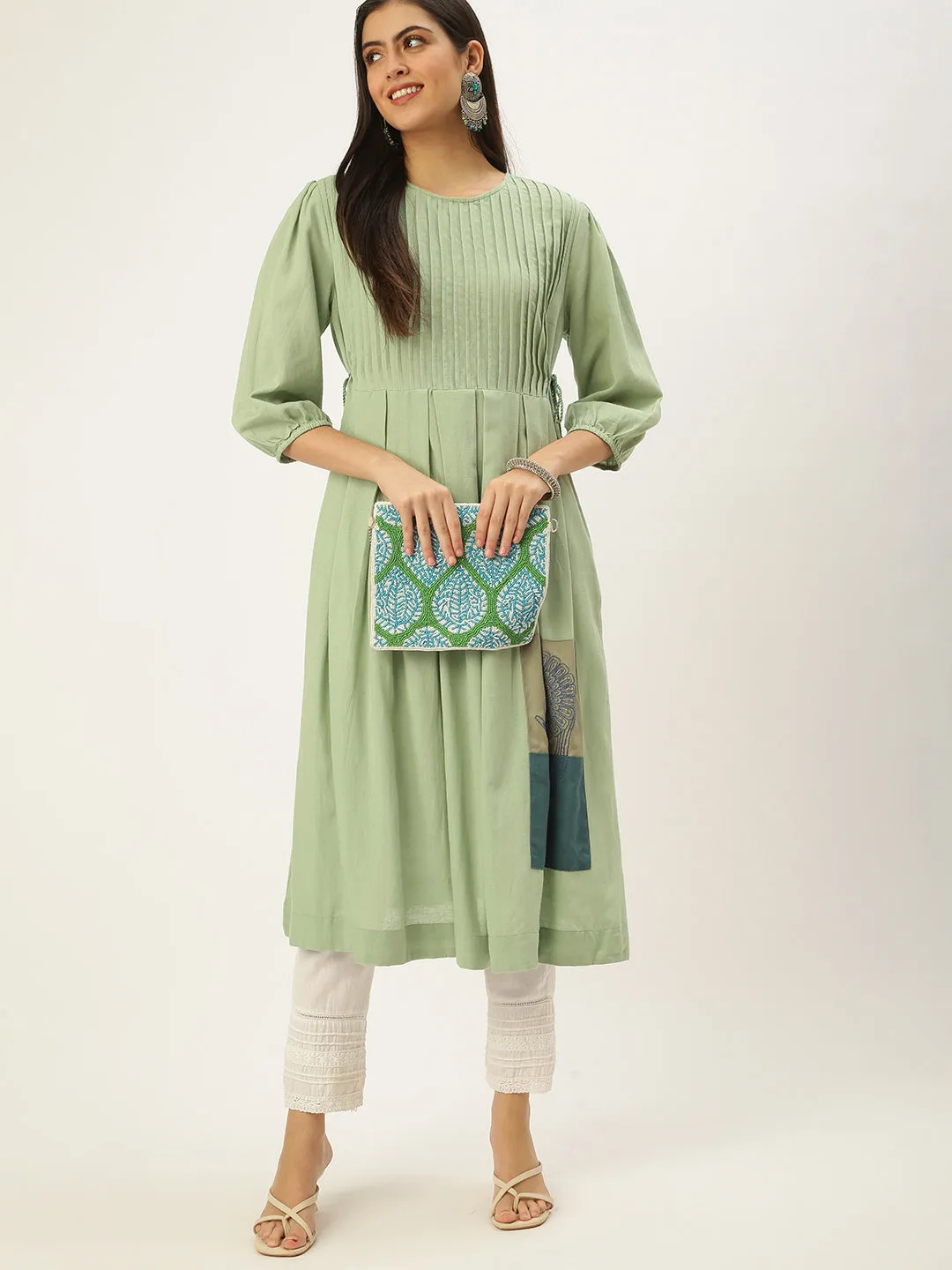 Women's Green Embroidered A-Line Kurtas