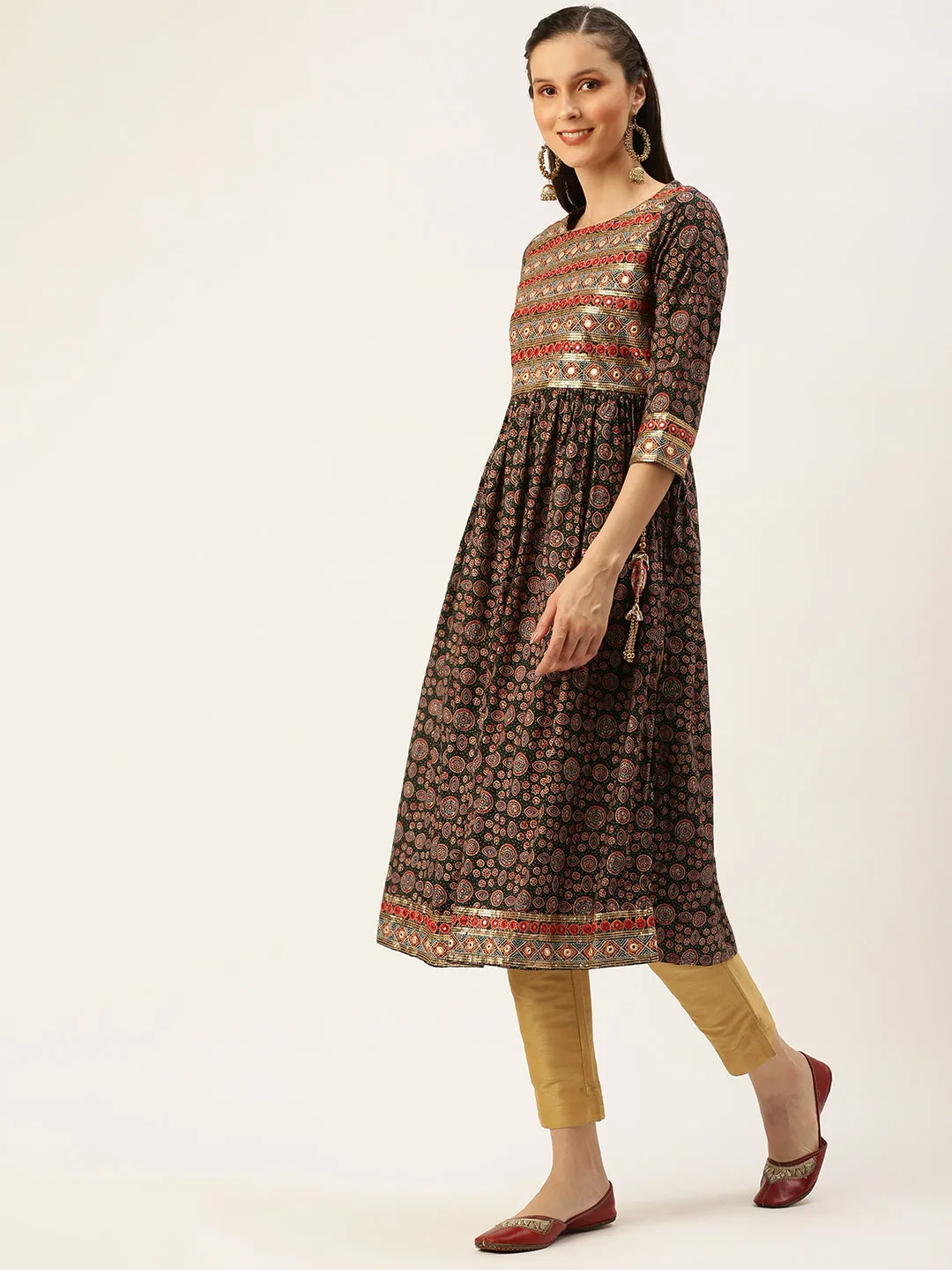 Women's Green Printed A-Line Kurtas