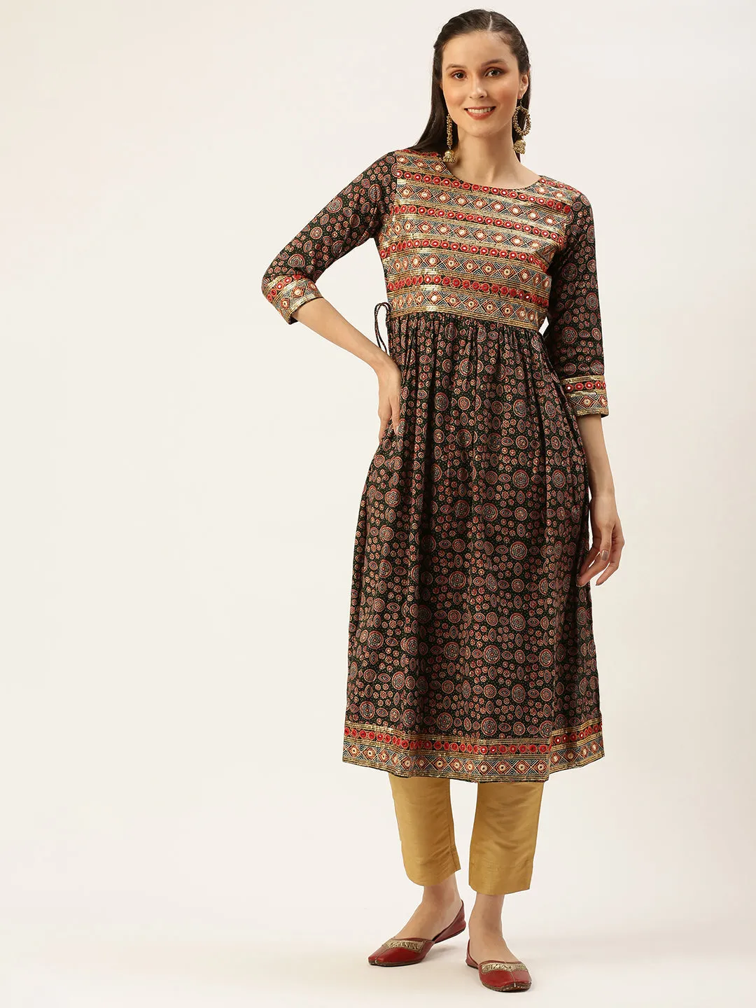 Women's Green Printed A-Line Kurtas