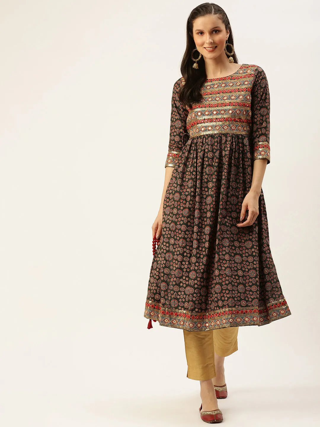 Women's Green Printed A-Line Kurtas