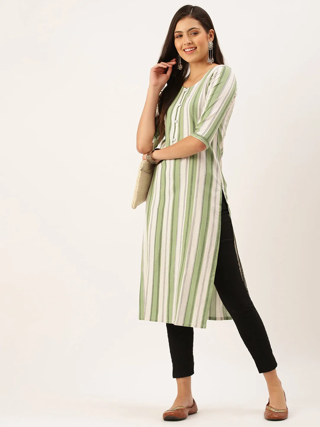 Women's Green Striped Straight Kurta