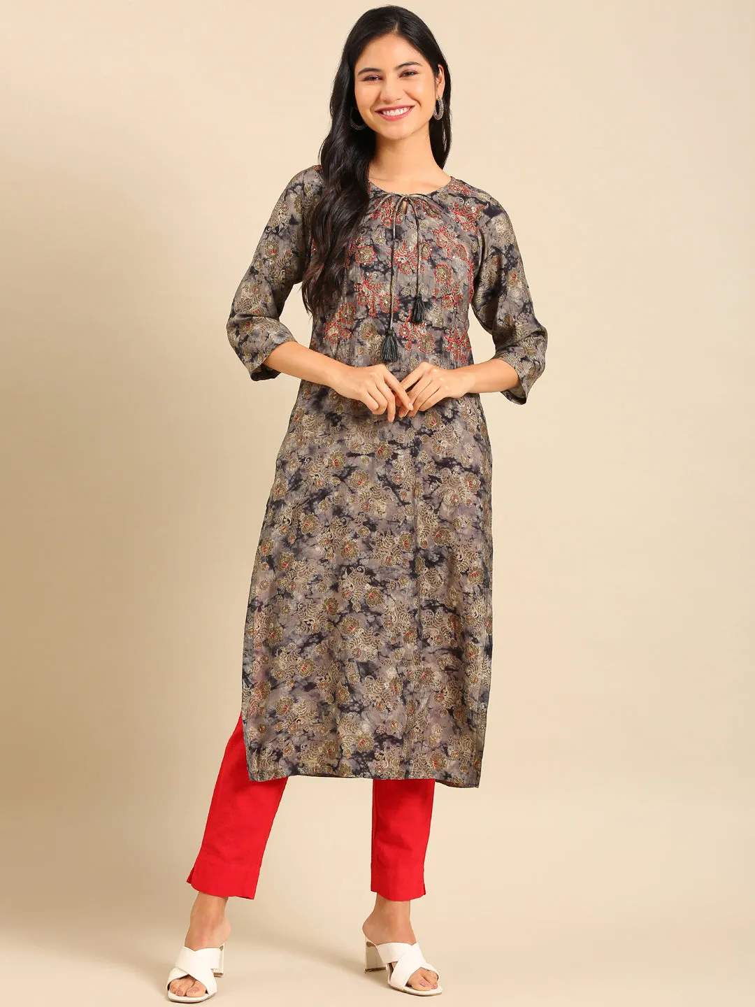 Women's Grey Embellished Straight Kurta