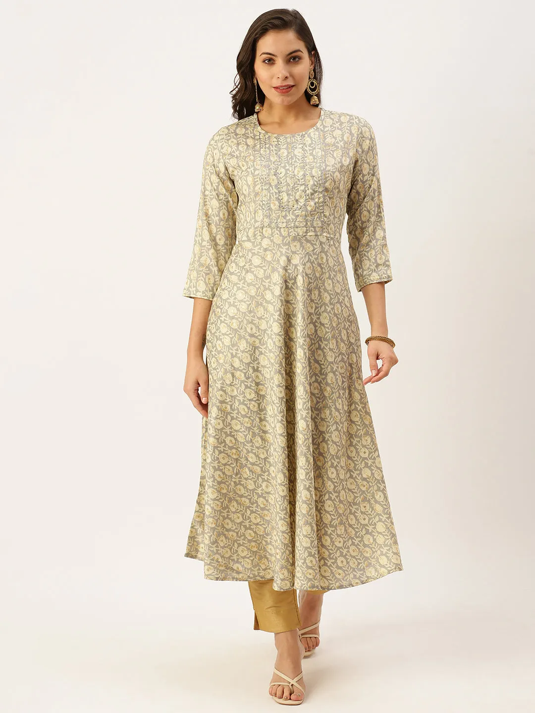 Women's Grey Printed A-Line Kurtas