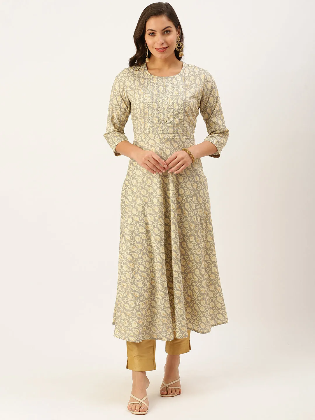 Women's Grey Printed A-Line Kurtas