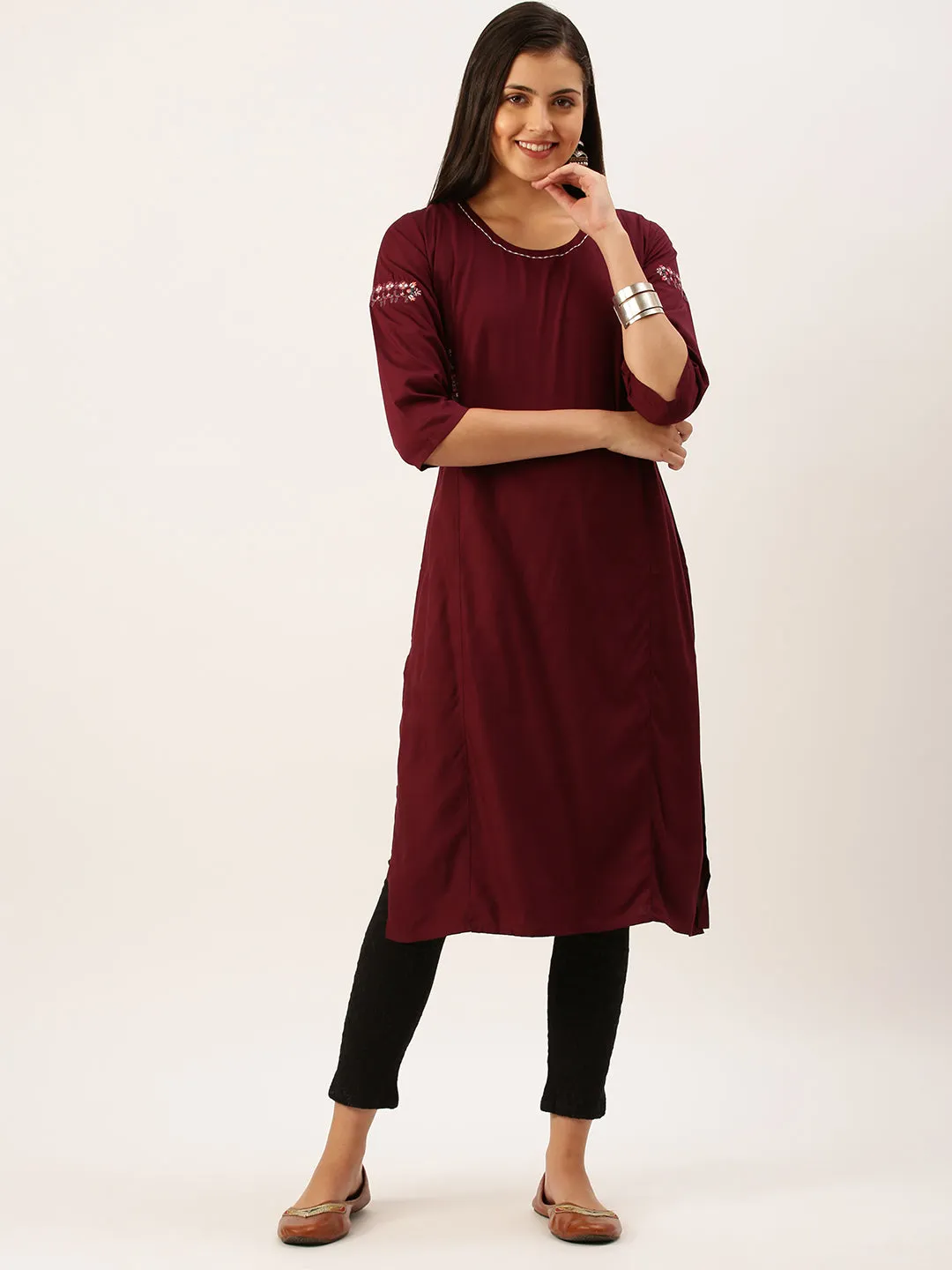 Women's Magenta Solid Straight Kurta