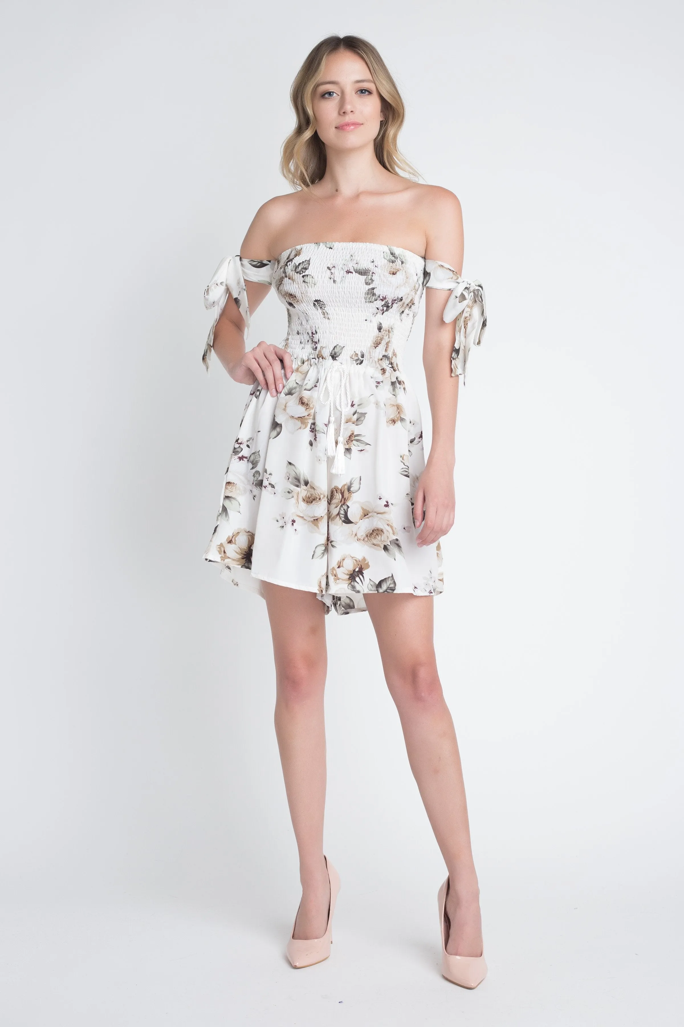 Women's Off-Shoulder Smocked Floral Tie Romper