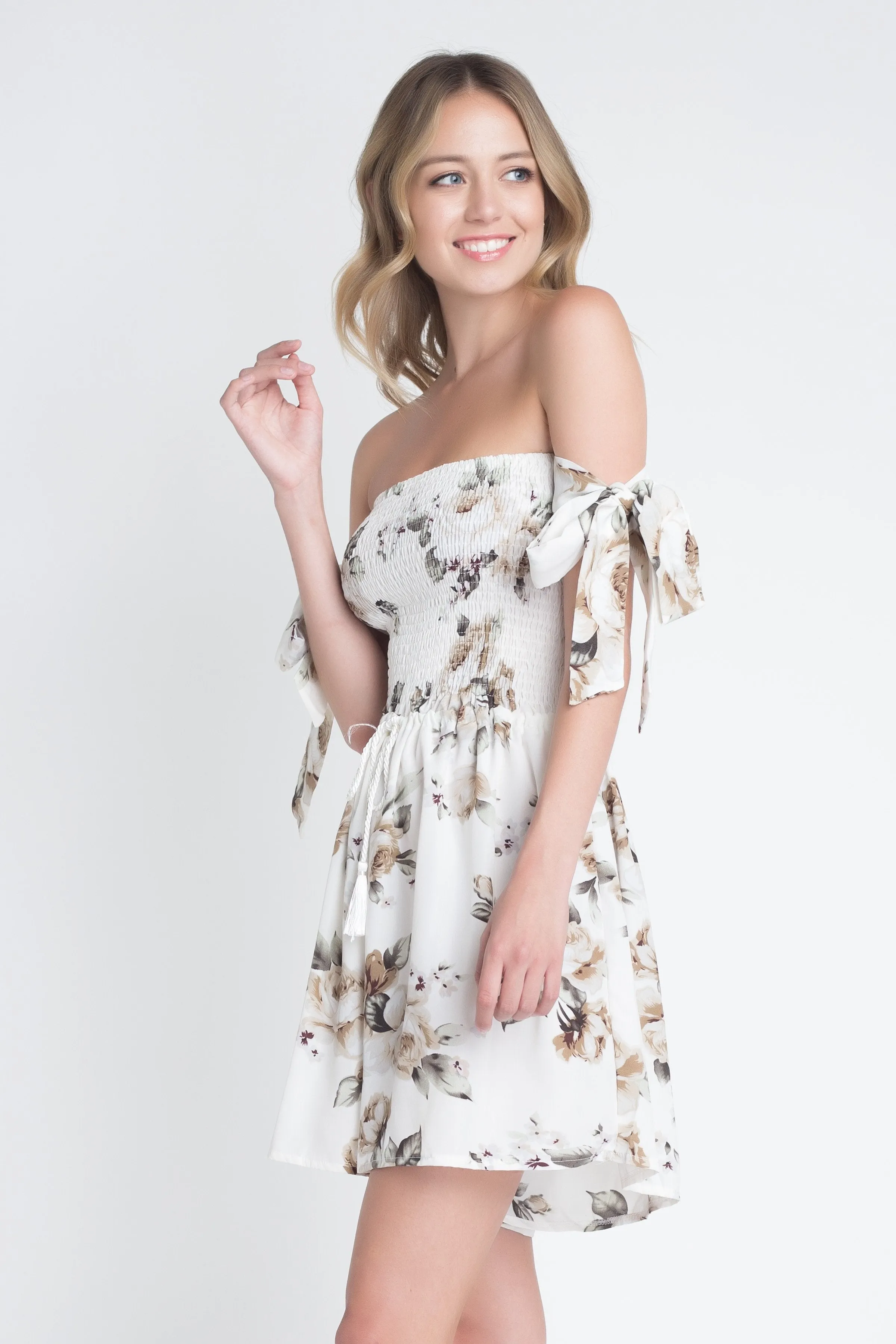 Women's Off-Shoulder Smocked Floral Tie Romper