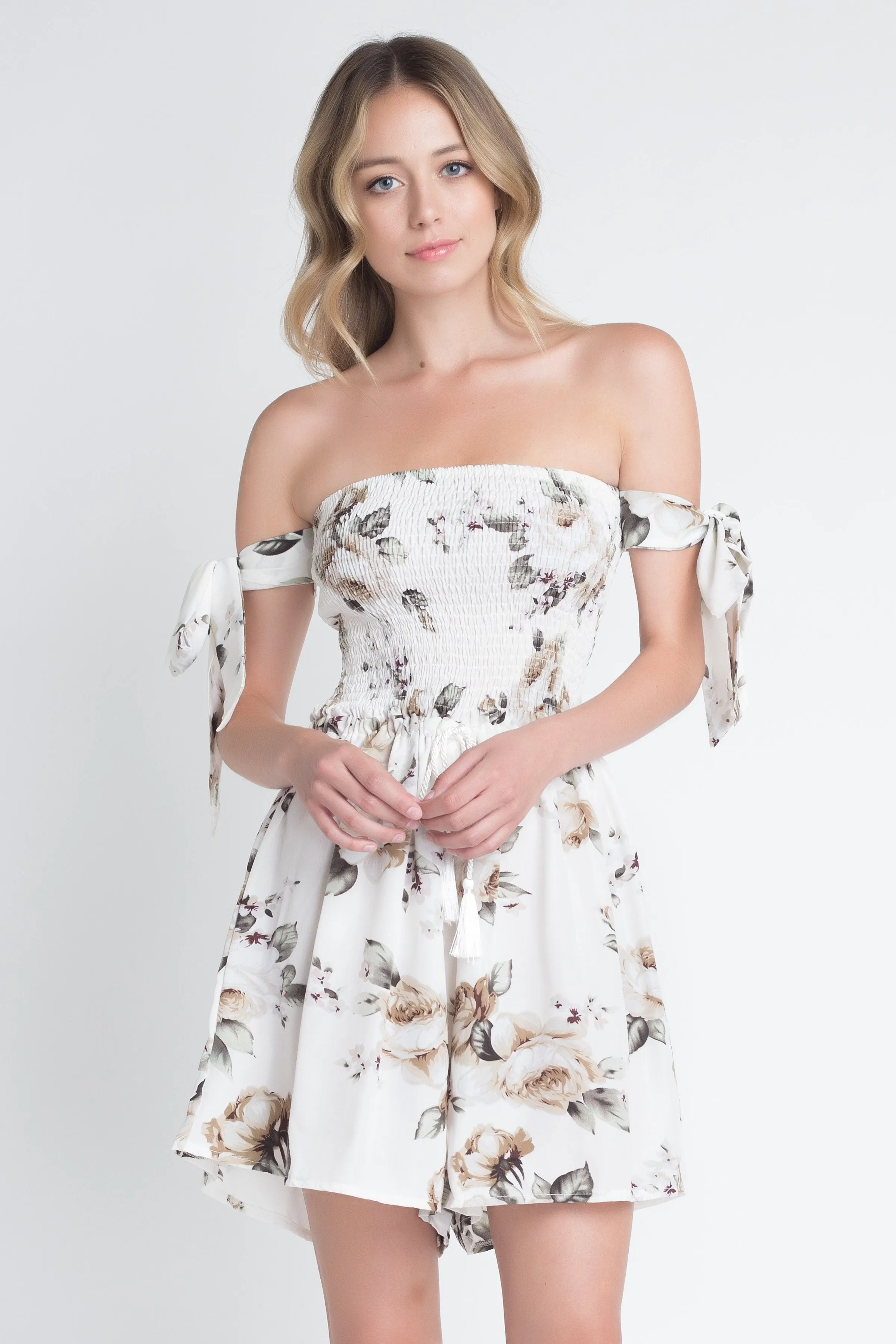 Women's Off-Shoulder Smocked Floral Tie Romper