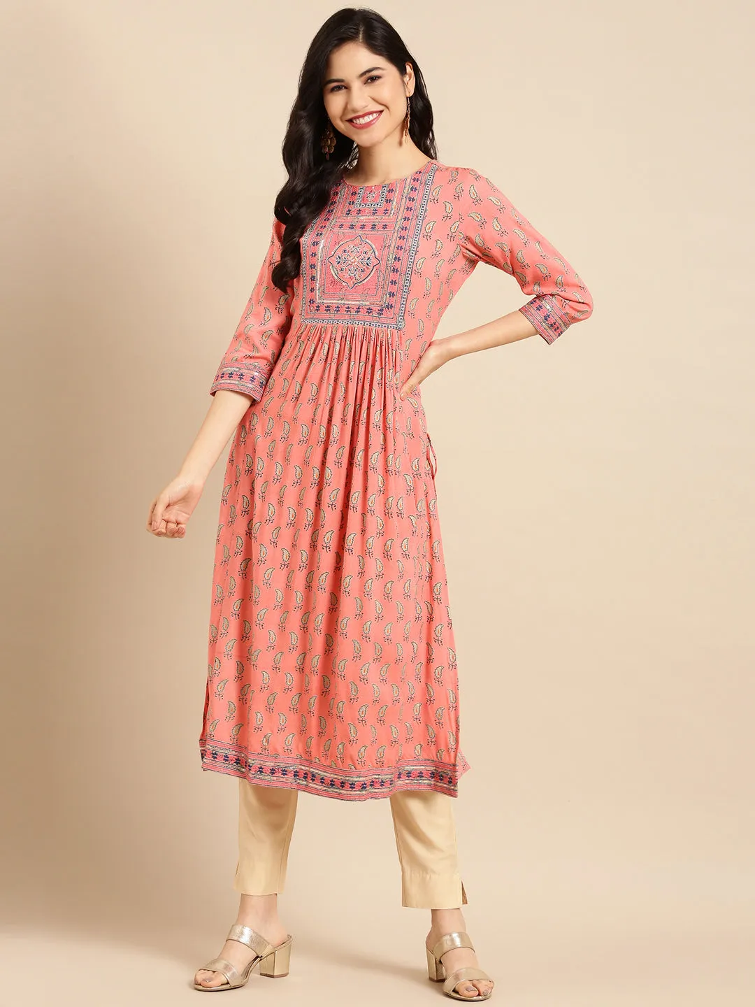 Women's Peach Printed A-Line Kurta