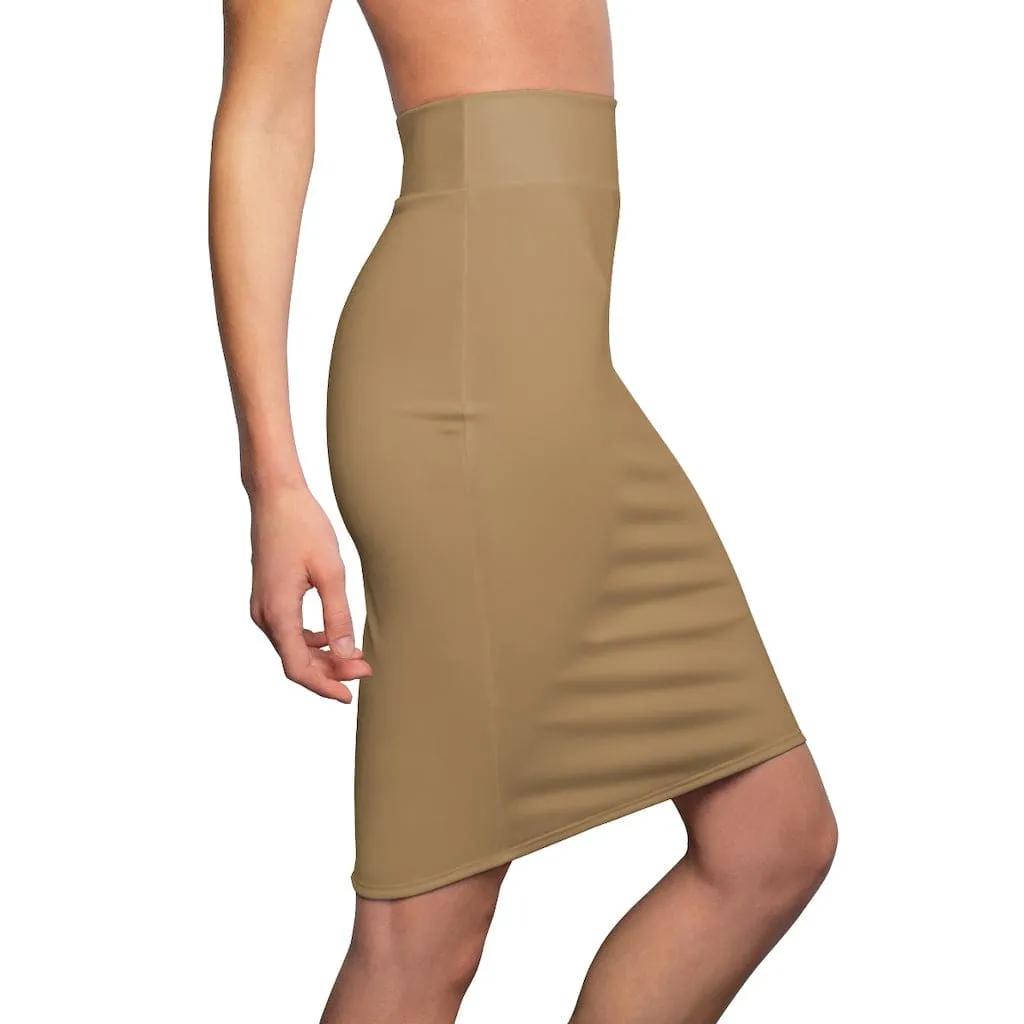 Womens Pencil Skirt - Camel Brown Stretch Mini