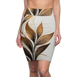 Womens Pencil Skirt - Floral Brown Line Art Print 8669