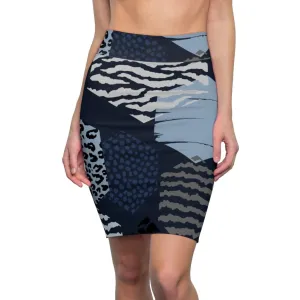 Womens Pencil Skirt - High Waist Stretch - Geometric Blue