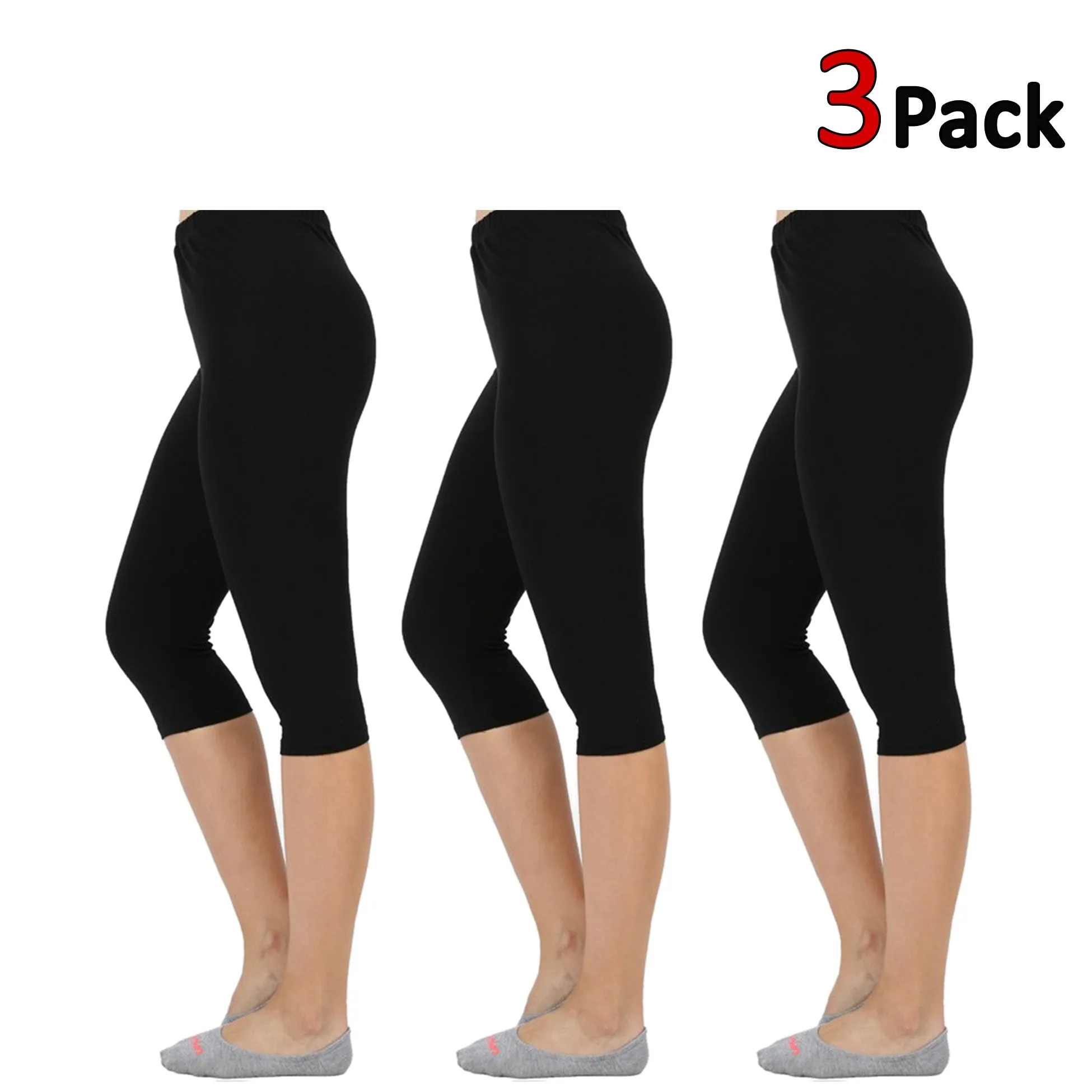 Womens Premium Cotton Comfortable Stretch Capri Leggings 15in Inseam (3-Pack)