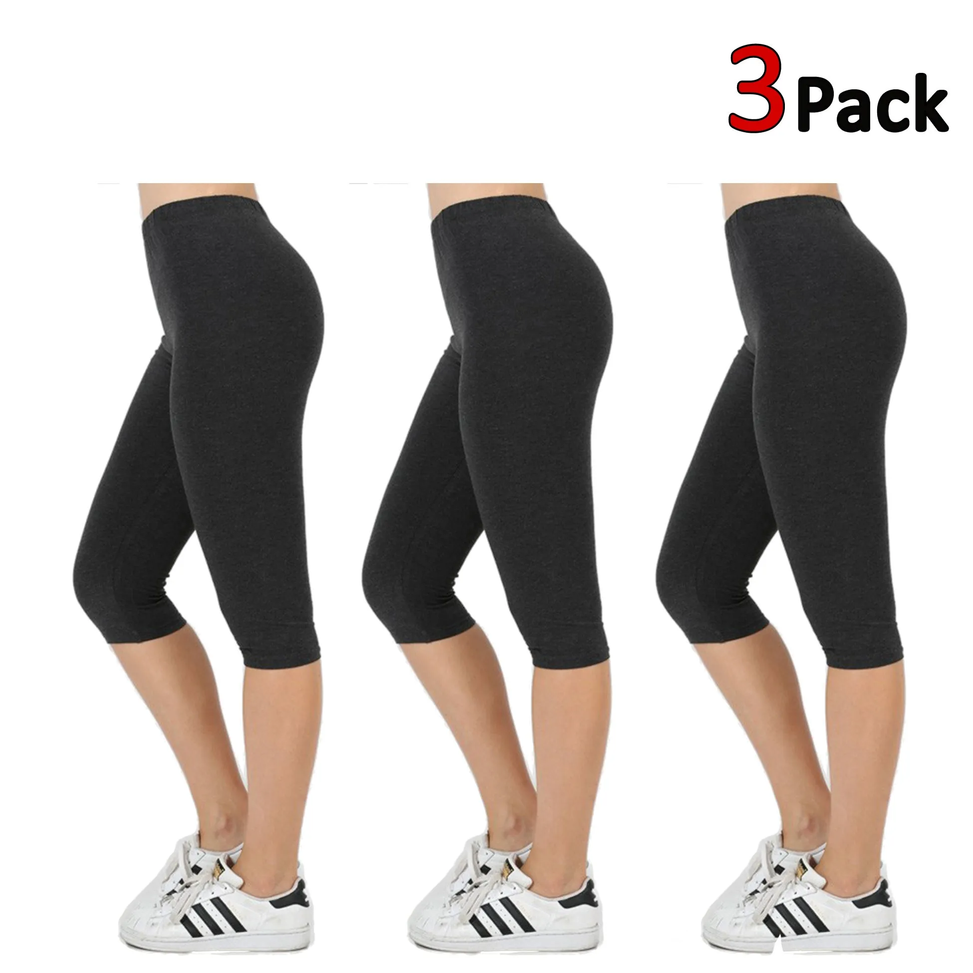 Womens Premium Cotton Comfortable Stretch Capri Leggings 15in Inseam (3-Pack)