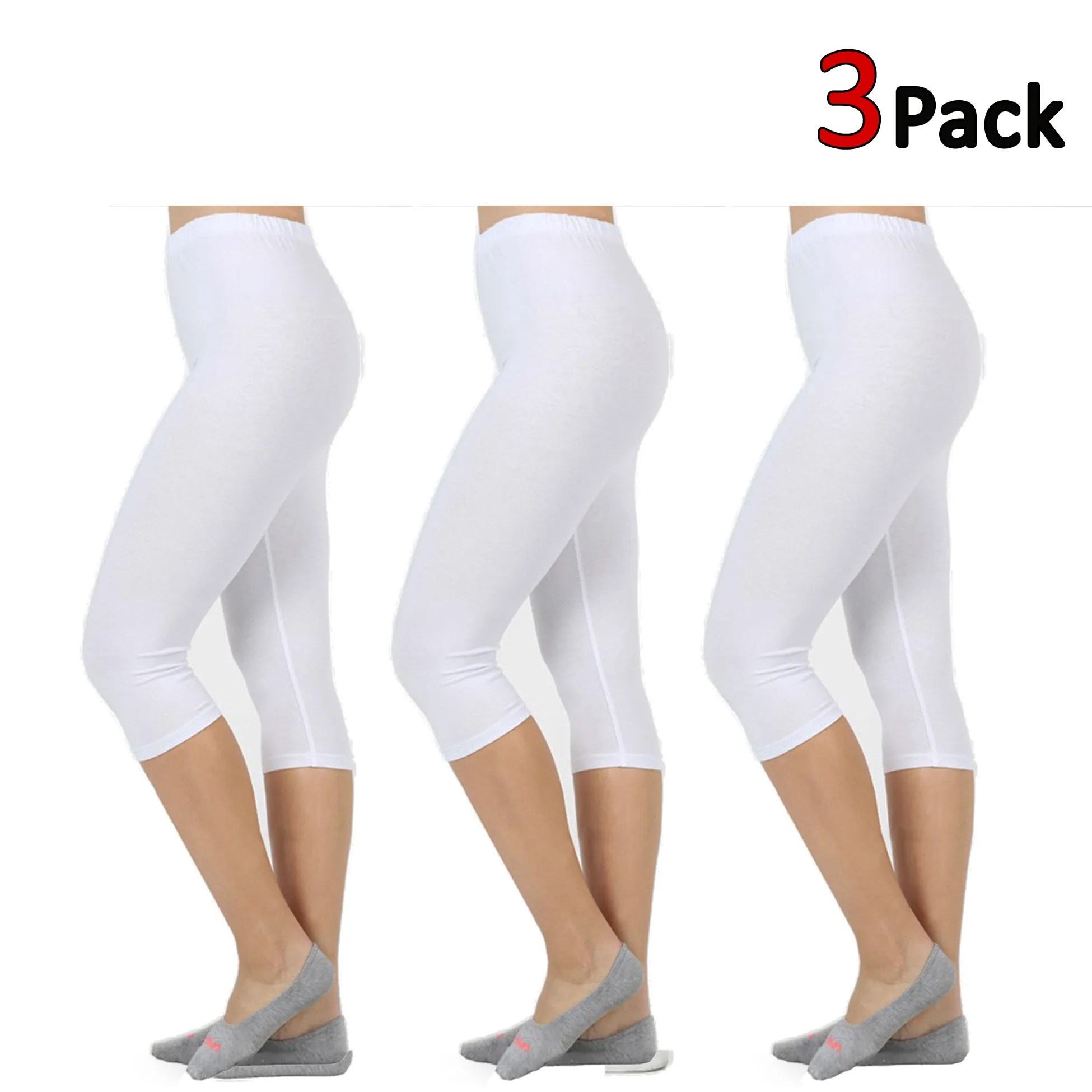 Womens Premium Cotton Comfortable Stretch Capri Leggings 15in Inseam (3-Pack)