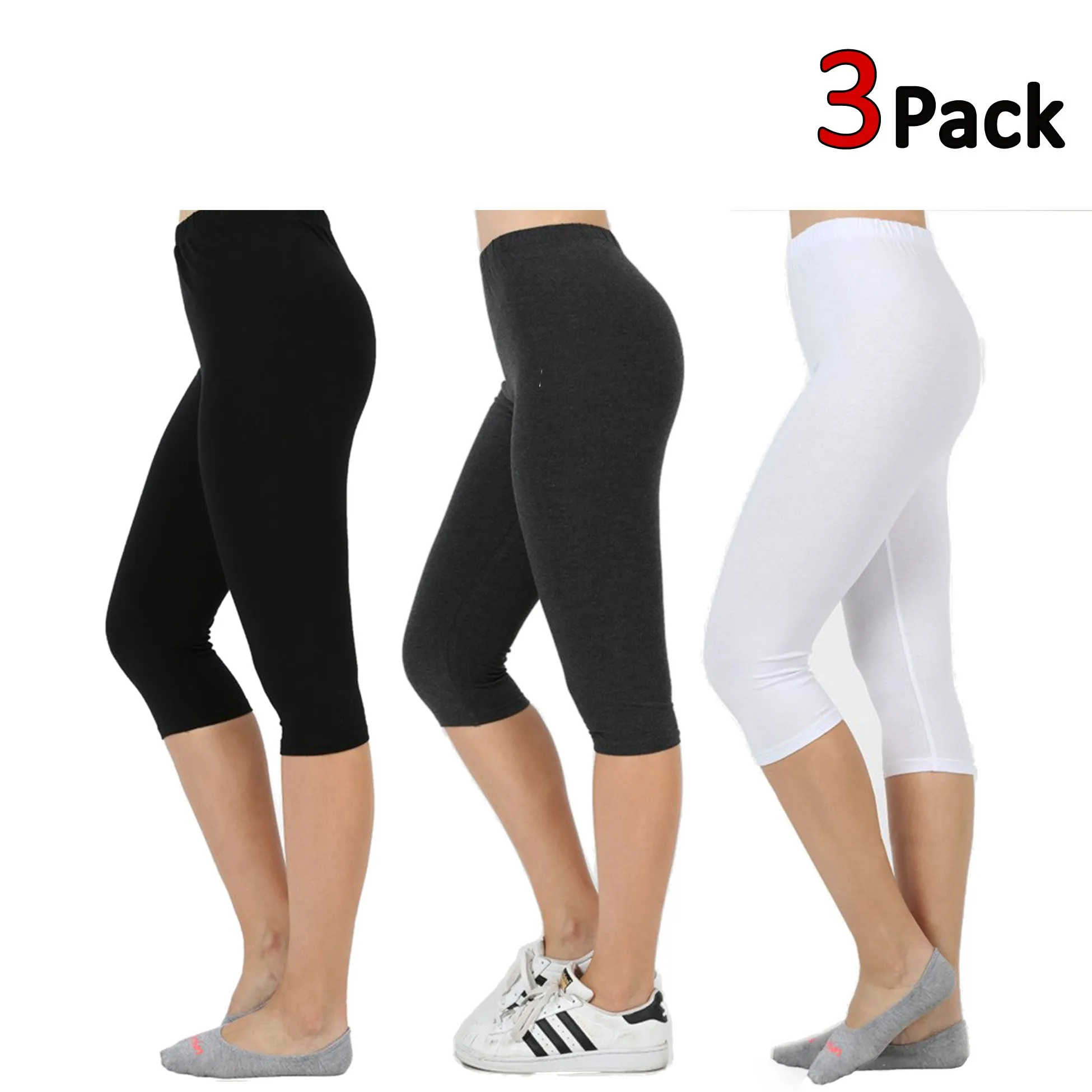 Womens Premium Cotton Comfortable Stretch Capri Leggings 15in Inseam (3-Pack)