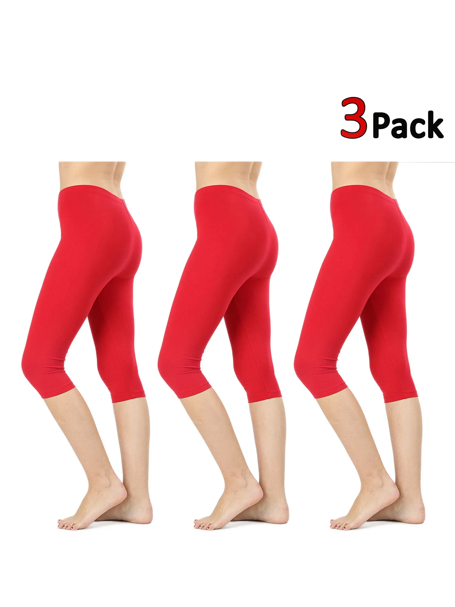 Womens Premium Cotton Comfortable Stretch Capri Leggings 15in Inseam (3-Pack)