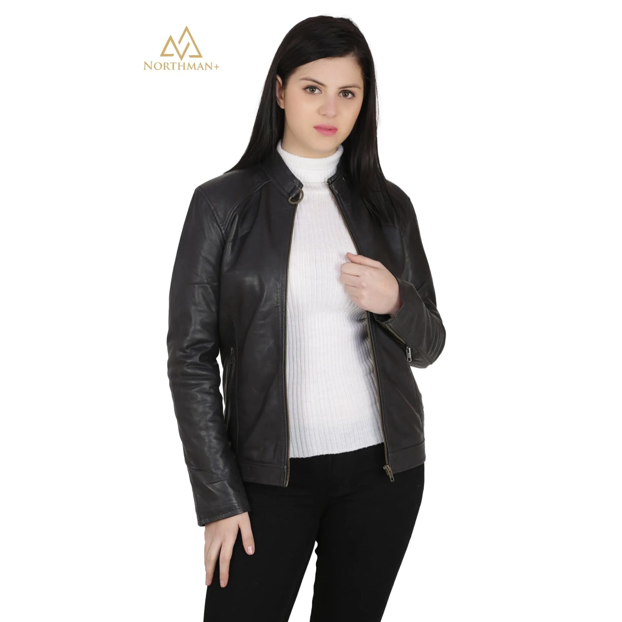 Women's Slim fit Leather jacket : The Mandarin Collar