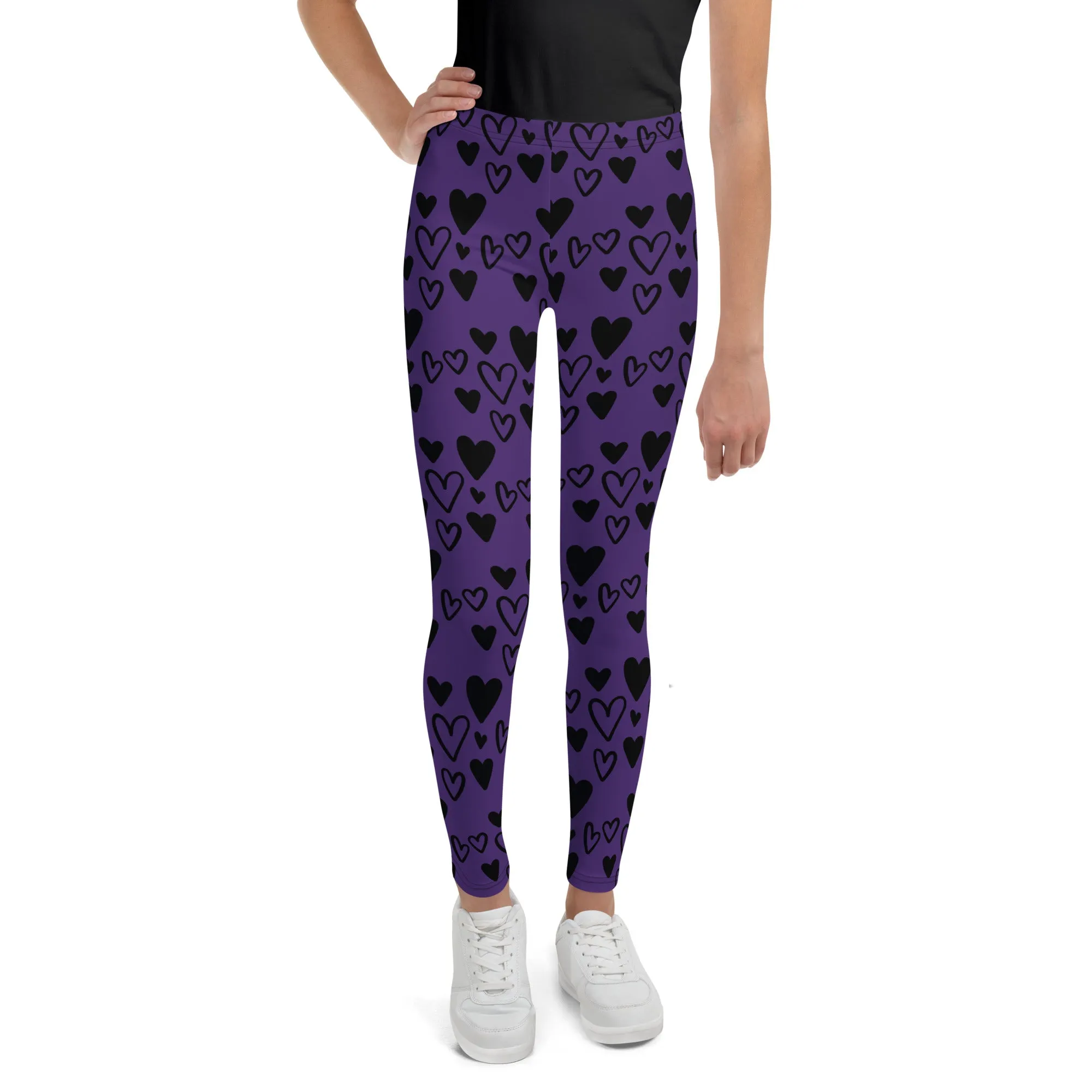 Youth Girl's  Leggings Purple Black hearts sizes 8-14