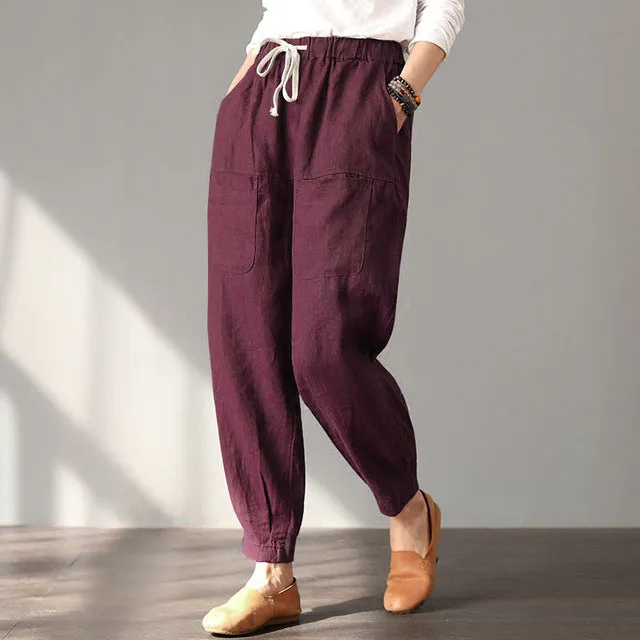 ZANZEA 2018 Summer Fashion Baggy Long Turnip Pants Women Casual Harem Trousers Solid Elastic Waist Pockets Cotton Linen Pantalon