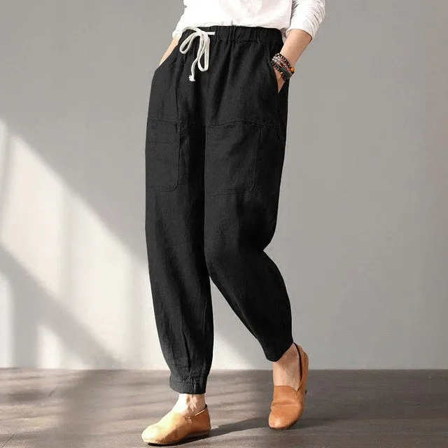 ZANZEA 2018 Summer Fashion Baggy Long Turnip Pants Women Casual Harem Trousers Solid Elastic Waist Pockets Cotton Linen Pantalon