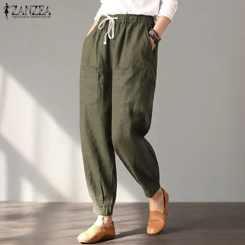 ZANZEA 2018 Summer Fashion Baggy Long Turnip Pants Women Casual Harem Trousers Solid Elastic Waist Pockets Cotton Linen Pantalon