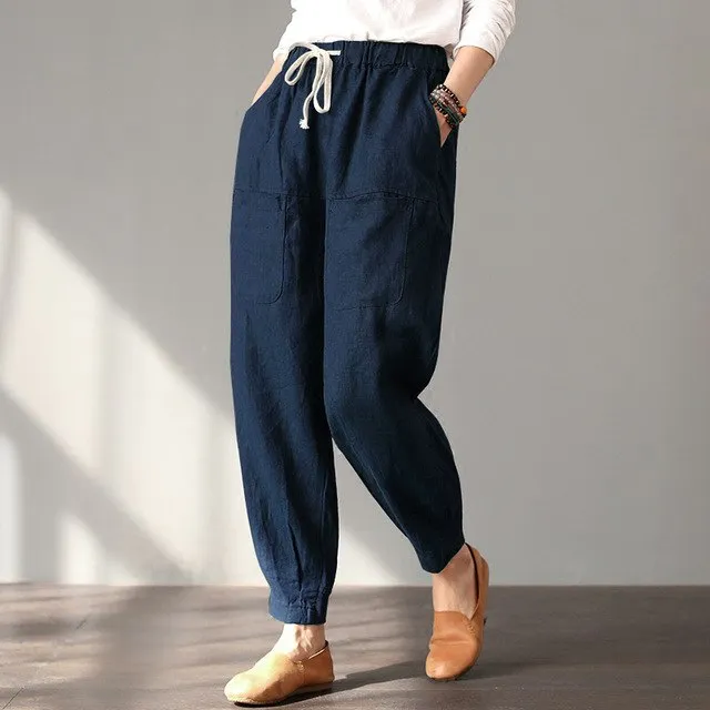 ZANZEA 2018 Summer Fashion Baggy Long Turnip Pants Women Casual Harem Trousers Solid Elastic Waist Pockets Cotton Linen Pantalon